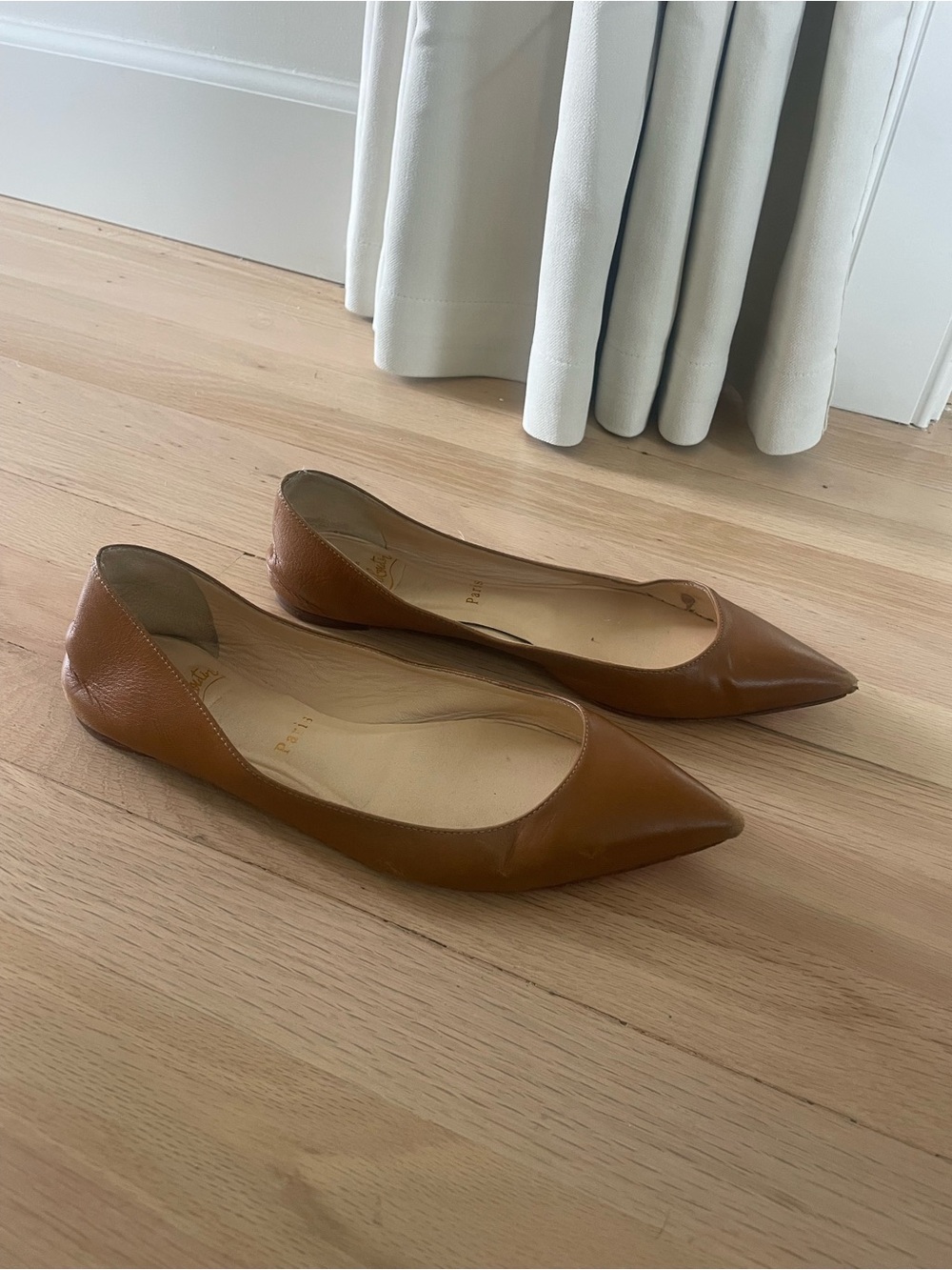 Authentic Christian Louboutin Cognac Pointed-Toe Leather Flats - Picture 5 of 7